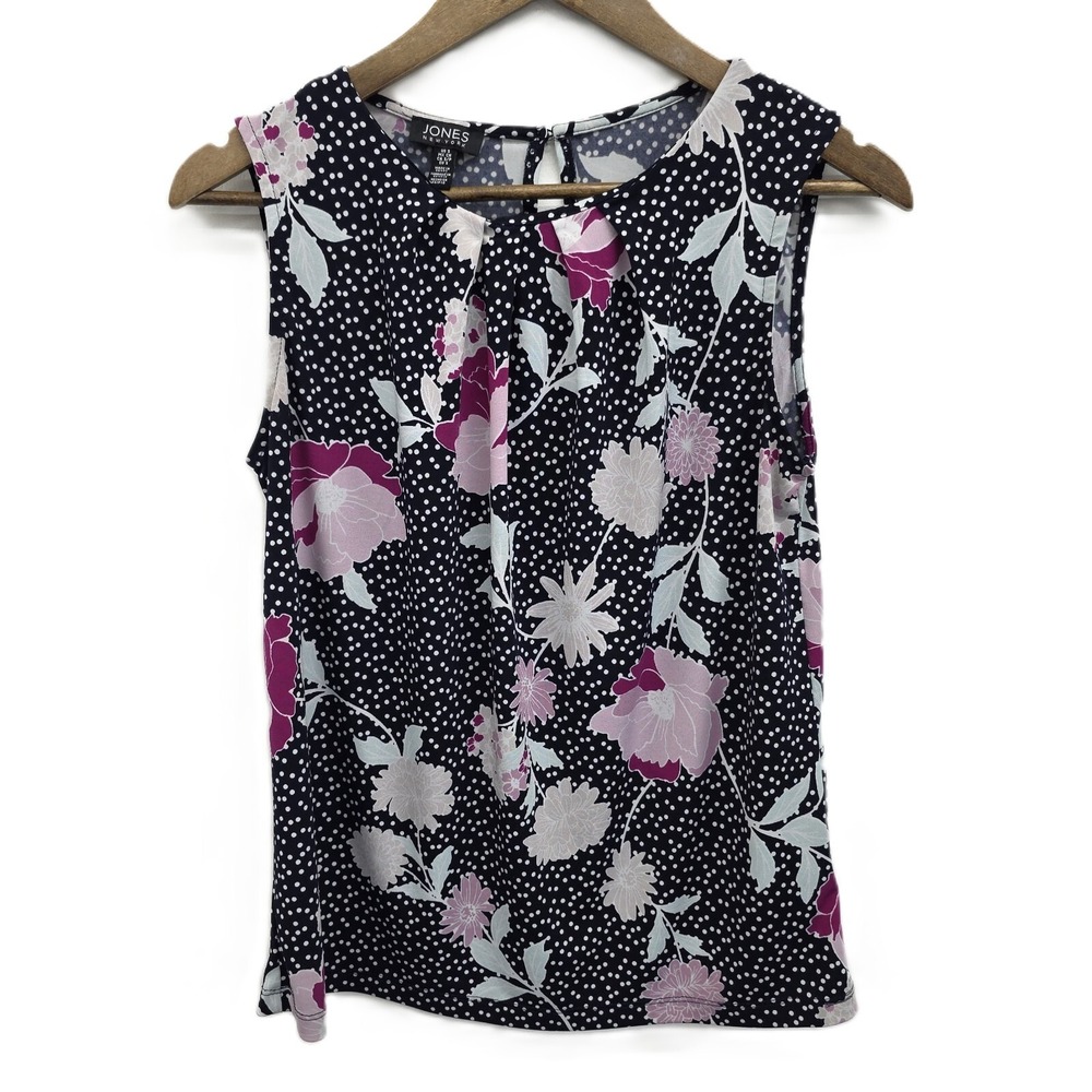 Jones New York Womens S Navy Floral Polka Dot Top Preppy Classic Layering Blouse